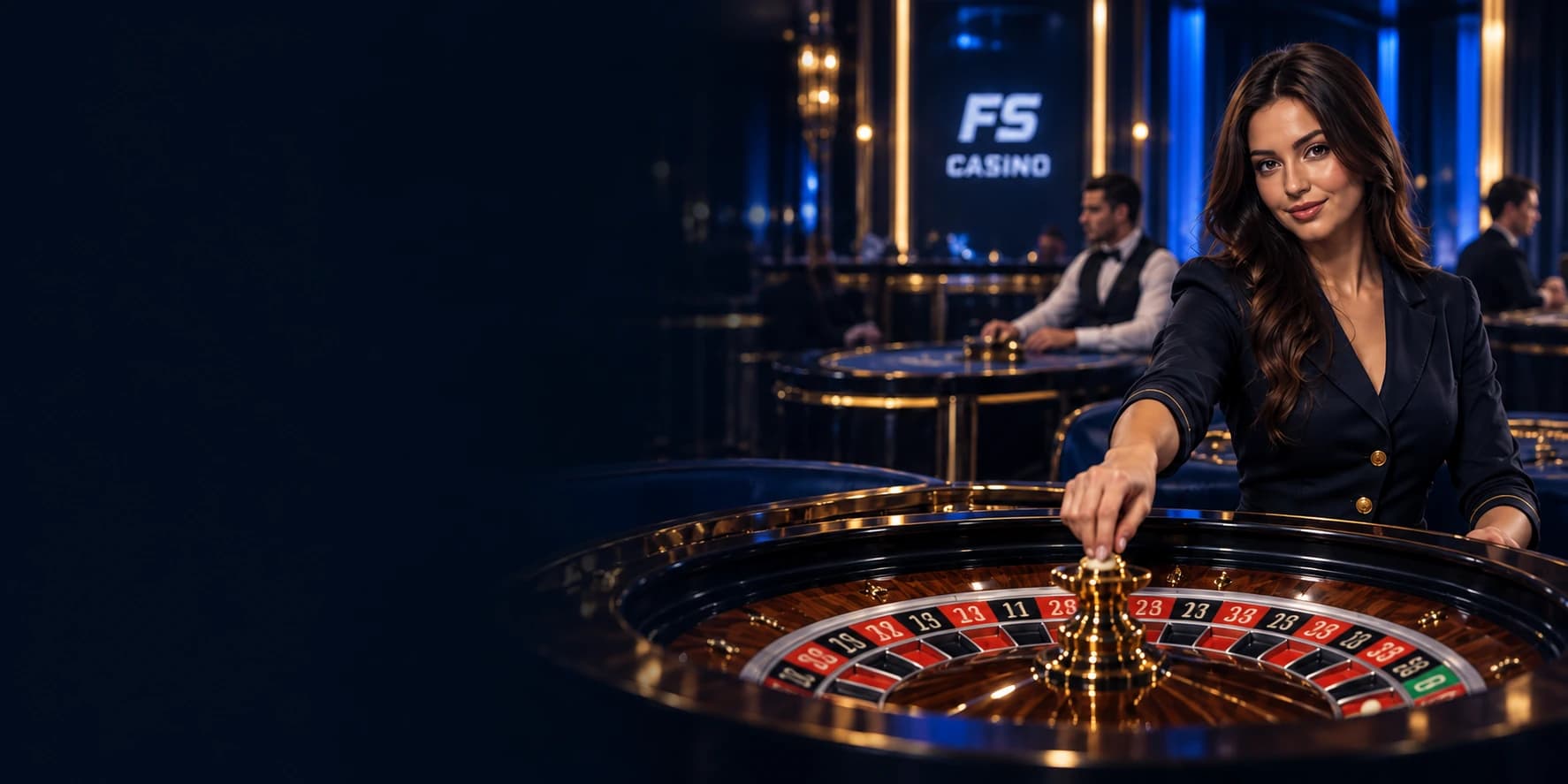 Dealer la masa de ruletă, într-un studio FS Casino cu lumini albastre